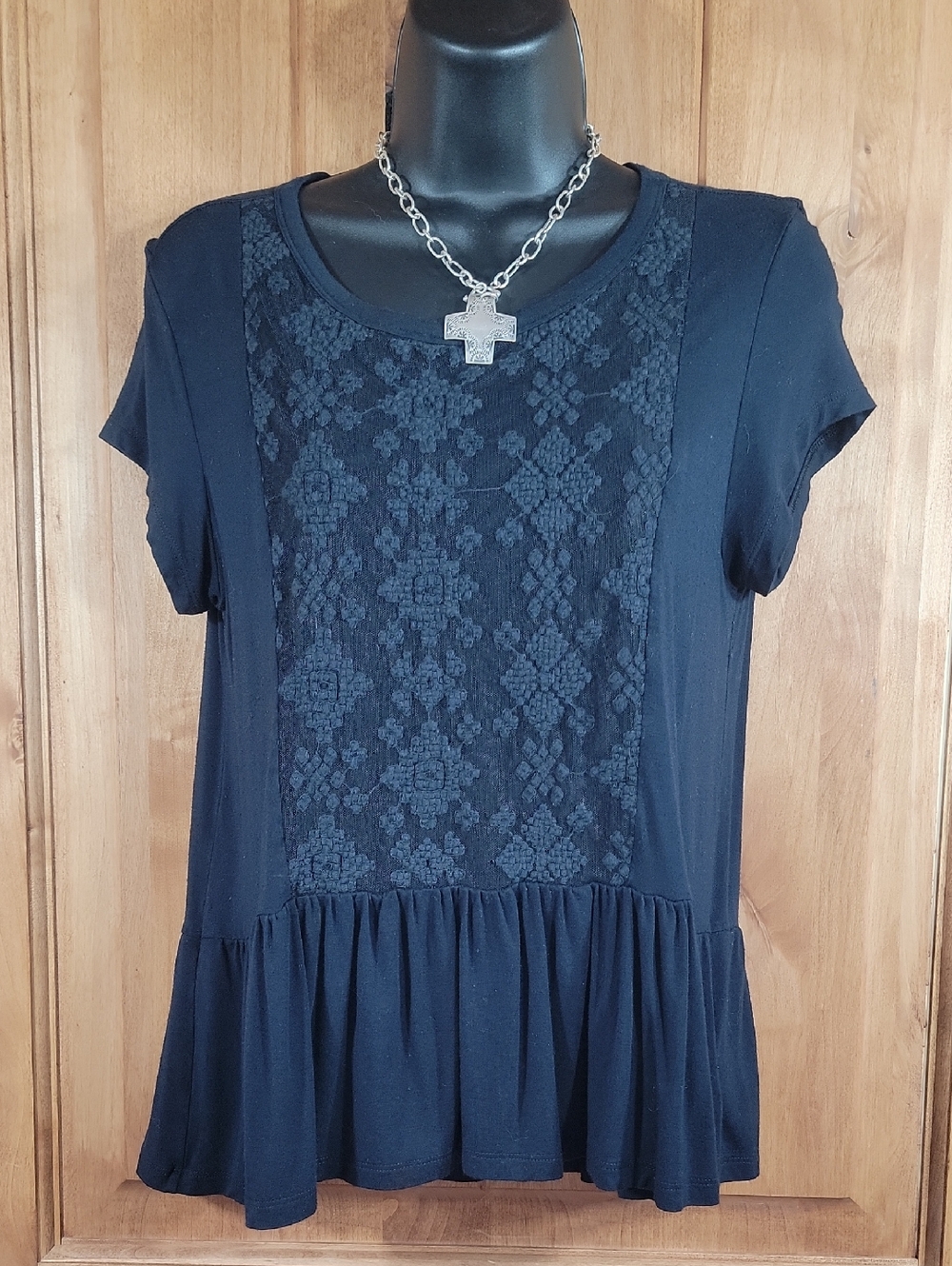 American Eagle Outfitters Black Lace Panel Peplum Tee